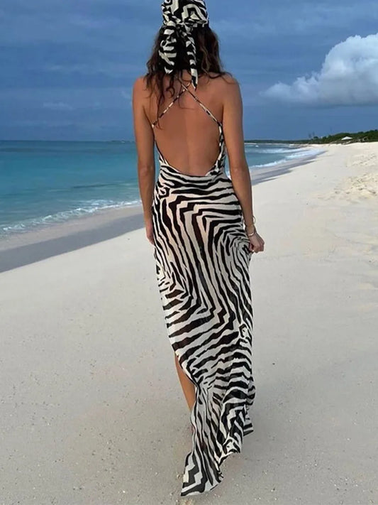 Sexy Spaghetti Strap Side Split Beach Dress Summer Sundress Women Clothes Elegant Zebra Back Open Club Party Dresses TropicalSum