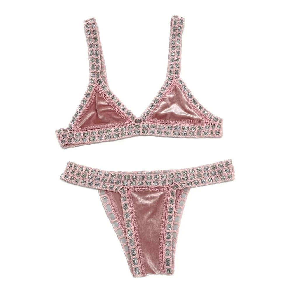 2024 Pink Crochet Handmade Triangle Bikini Set Women Sexy Velvet Bathing Suit Fashion Swimwear Boho Beachwear Cute Swimsuit TropicalSum