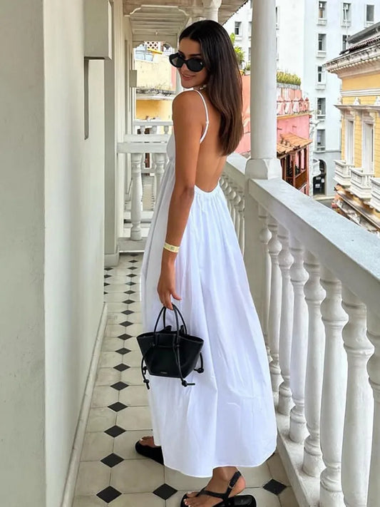 Sexy Backless Midi Dress Sleeveless V Neck Elegant Dress 2024 Fashion Woman Causal Loose Summer Beach Holiday White Long Dress TropicalSum