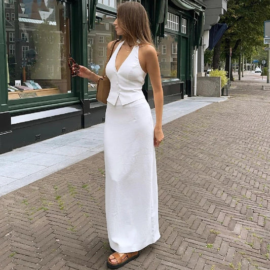Xingqing Summer Outfits for Women Summer Solid Color Button Halter Tops and Slit Long Skirt y2k Aesthetic Clothes Streetwear TropicalSum